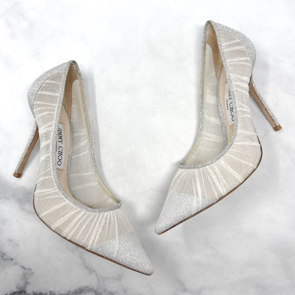 Jimmy Choo Silver and Ivory Glitter Mesh Pointed-Toe Heels - Picture 3 of 16